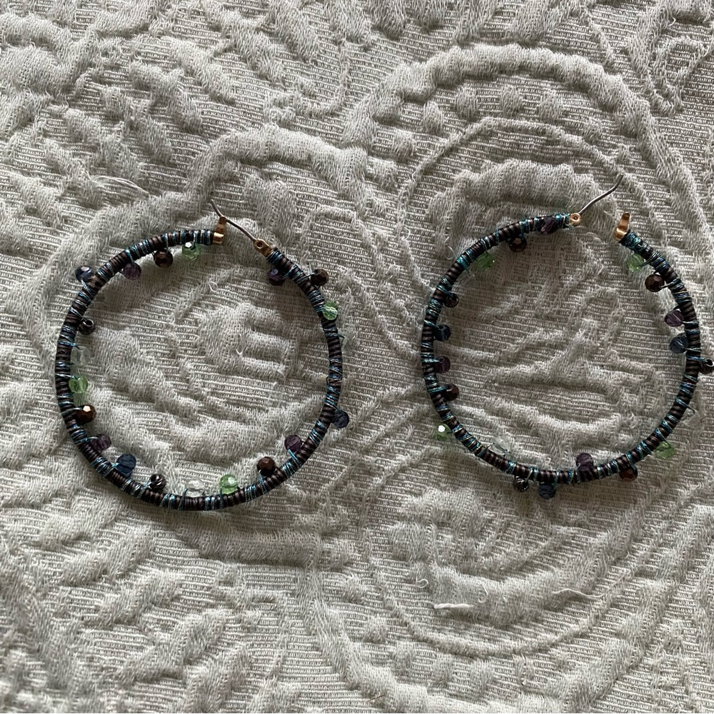 Rebecca Minkoff Moroccan Blue Beaded Hoop Earrings Wrapped Beads EUC MSRP $48